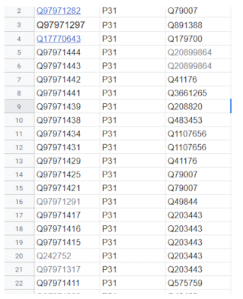 Screenshot of a spreadsheet showing each memorial QID and its type